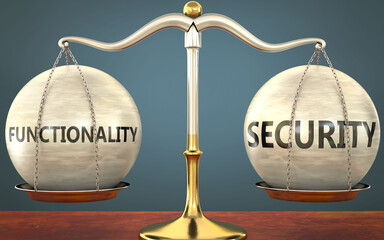 Wall Mural - functionality and security staying in balance - pictured as a metal scale with weights and labels fu
