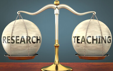 Wall Mural - research and teaching staying in balance - pictured as a metal scale with weights and labels researc