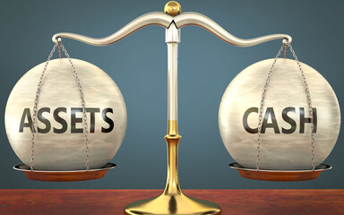 Wall Mural - assets and cash staying in balance - pictured as a metal scale with weights and labels assets and ca