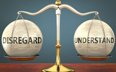 Wall Mural - disregard and understand staying in balance - pictured as a metal scale with weights and labels disr