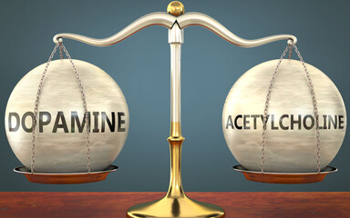Wall Mural - dopamine and acetylcholine staying in balance - pictured as a metal scale with weights and labels do