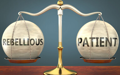 Wall Mural - rebellious and patient staying in balance - pictured as a metal scale with weights and labels rebell
