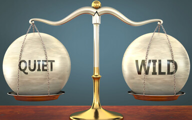Wall Mural - metaphor of quiet and wild staying in balance - showed as a metal scale with weights and labels quie