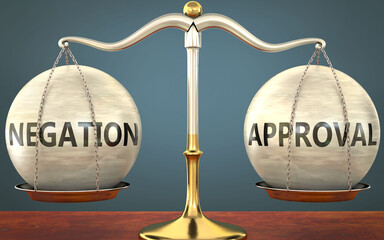 Wall Mural - negation and approval staying in balance - pictured as a metal scale with weights and labels negatio