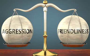 Wall Mural - aggression and friendliness staying in balance - pictured as a metal scale with weights and labels a