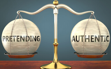 Wall Mural - pretending and authentic staying in balance - pictured as a metal scale with weights and labels pret