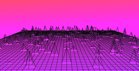 Poster - Abstract technology background with warped and distorted grid. Vaporwave and synthwave style illustration like in old video arcade games.
