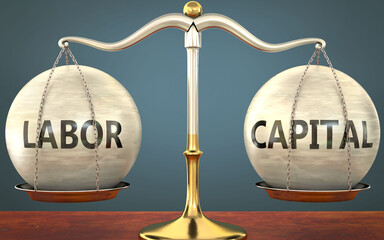 Wall Mural - labor and capital staying in balance - pictured as a metal scale with weights and labels labor and c