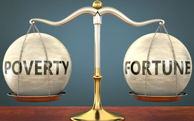 Wall Mural - poverty and fortune staying in balance - pictured as a metal scale with weights and labels poverty a