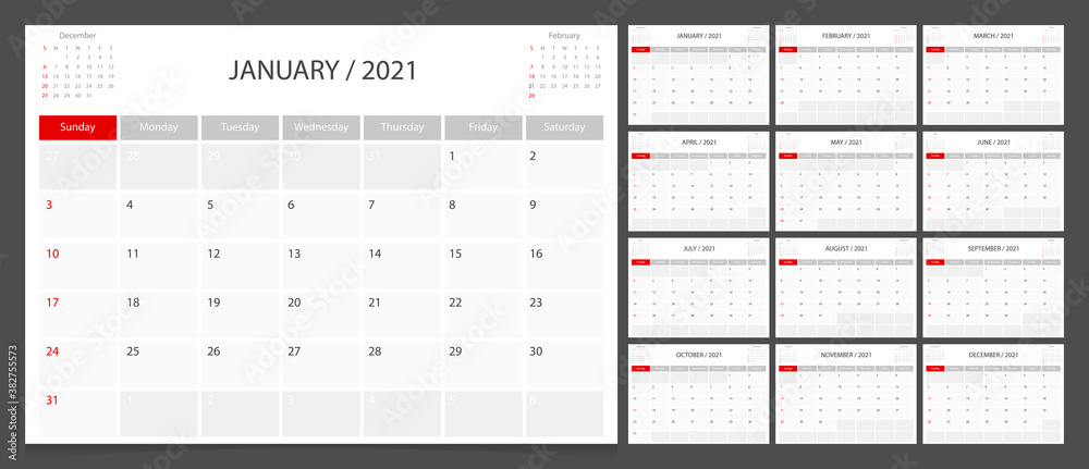 Calendar 2021 week start Sunday corporate design planner template. - obrazy, fototapety, plakaty 