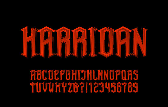Harridan alphabet font. Messy old time letters and numbers. Stock vector illustration for your Halloween typography.