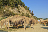 Fototapeta  - The sandy beach has thatched sheds in a row. Hammocks are suspended below them in the shade. In the background there is a slope of a mountain with coniferous trees. Abkhazia. Pitsunda.
