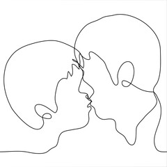 Wall Mural - kiss of two men. one line drawing of the profile of the heads of men at the moment of a kiss