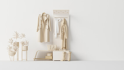 clothes on a hanger, storage shelf in a cream background with plants. collection of clothes hanging 