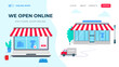 © Sofir - Offline to Online web banner. O2O sales system, ecommerce and retail business. Vector landing page, marketing strategy with cartoon flat illustration, shop building and online store on computer screen