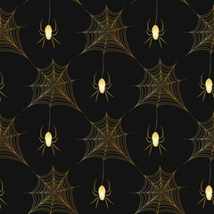 Gold spiderweb pattern on black background. Halloween design elements. Spooky Scary horror decor vector.