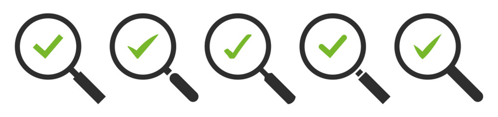 Poster - magnifying glass and green check mark vector icon set. magnifier with green ok tick isolated on whit