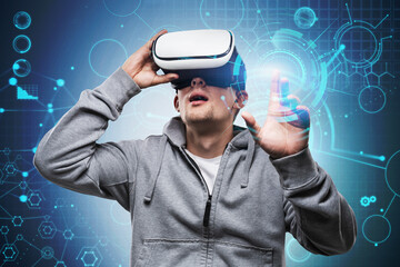Poster - Man in VR glasses, digital interface