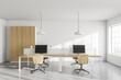© ImageFlow - Modern white open space office interior with wooden tables and wardrobe