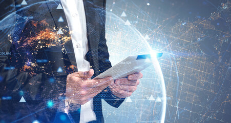 Poster - Man with tablet, planet and network