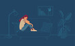 Depressed young woman sitting on sofa in room at night vector illustration. Loneliness and depression. Vector flat female character. Outline interior on background
