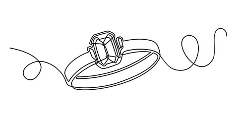 Continuous line drawing. Ring with stone. Valentine s day. Template for love cards and invitations. Isolated on white background. Hand drawn vector illustration.