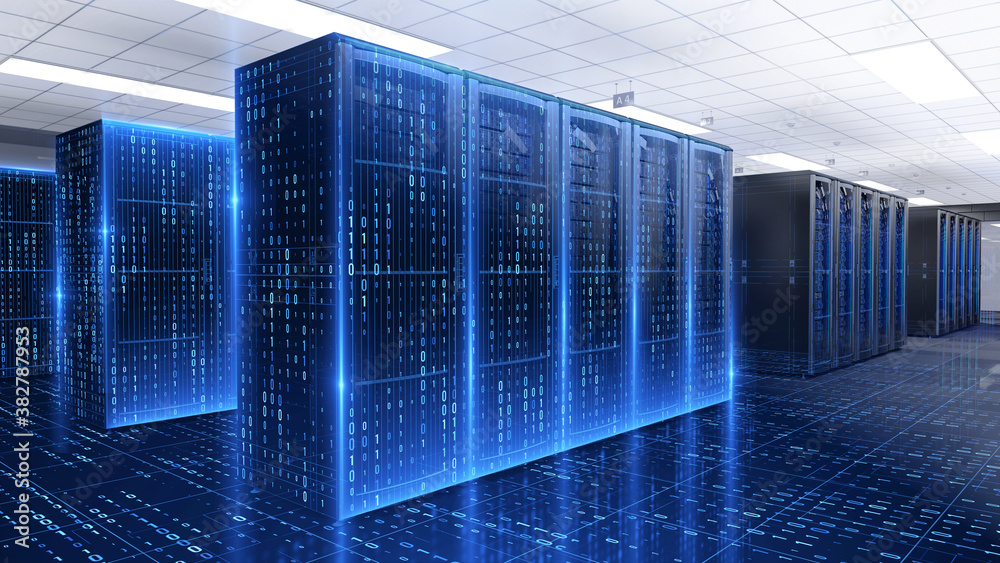 Server racks in server room data center consisting of a digital binary ...