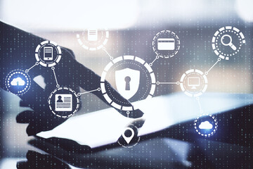 Aufkleber - Businessman hand using tablet with digital antivirus interface.