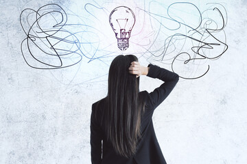 Poster - Businesswoman looking on drawing  light bulb