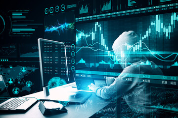 Poster - Hacker using computer with stock charts and  business statistics hologram.