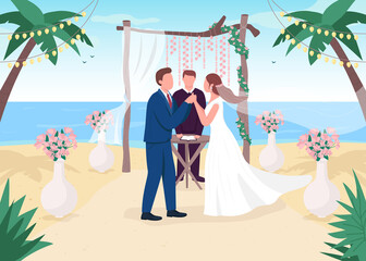 Poster - Tropical wedding ceremony flat color vector illustration. Romantic venue. Ceremonial service on sea beach. Bride and groom with priest 2D cartoon characters with landscape on background