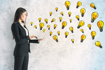 Poster - Businesswoman using laptop with drawing yellow lamps