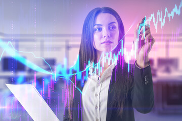 Poster - Businesswoman with laptop drawing glowing stock chart and data