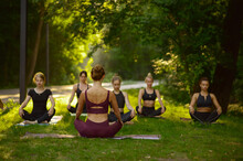 Women Sits In Yoga Pose On Grass, Group Training
