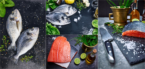 Collage mix set of Fresh fish dorado top view. Spicy herb and vegetables healthy food spice on black stone board cooking. Copyspace.