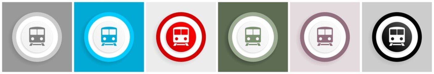 Leinwandbilder - Railway, train, subway, transportation icon set, colorful flat design vector illustrations in 6 options for web design and mobile applications