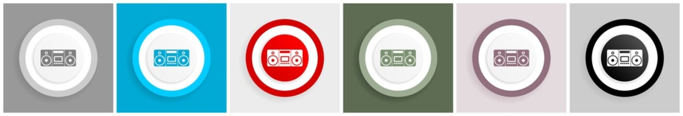 Leinwandbilder - Music, stereo portable equipment icon set, colorful flat design vector illustrations in 6 options for web design and mobile applications