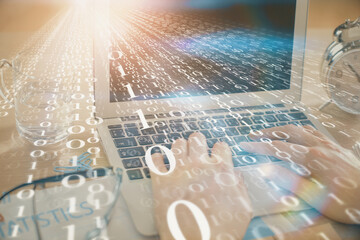 Aufkleber - Businessman with computer background with technology theme hologram. Concept of big data. Double exposure.