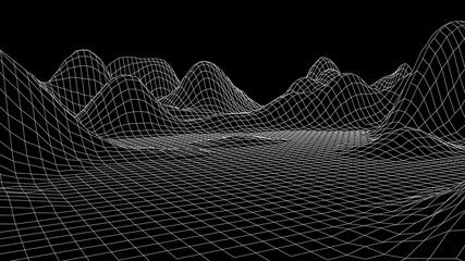Technology wireframe landscape. Futuristic polygonal terrain background. Digital vector illustration. Retro design.