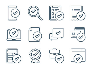 Fototapete - check mark and tick related vector line icons. quality and approve outline icon set.