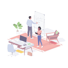 Poster - managers research business statistics vector isometry. female character checks latest web financial 