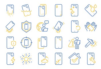 Poster - Smartphone protection line icons. Tempered glass, screen protector and water resistant. Phone cover, display glass protection and shockproof device icons. Strong smartphone. Line icon set. Vector