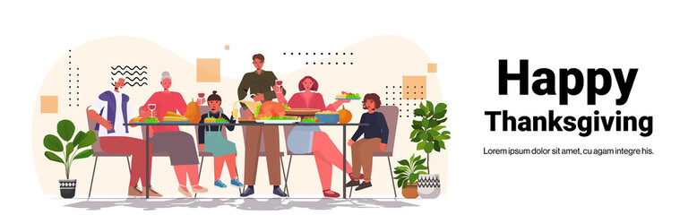 Wall Mural - multi generation family celebrating happy thanksgiving day people sitting at table having traditional dinner horizontal full length copy space vector illustration