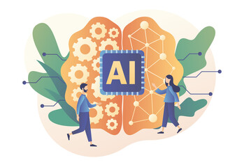 Poster - Artificial intelligence concept. Digital brain with neural network and tiny people. AI chip, machine learning, analysis information. Modern flat cartoon style. Vector illustration on white background