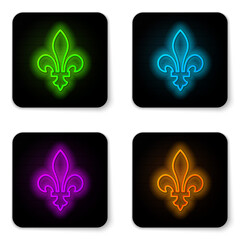 Wall Mural - Glowing neon line Fleur De Lys icon isolated on white background. Black square button. Vector.