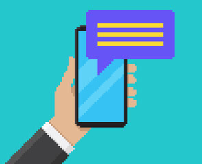 Poster - Pixel art vector illustration of hand holding mobile with conversation app bubble on screen