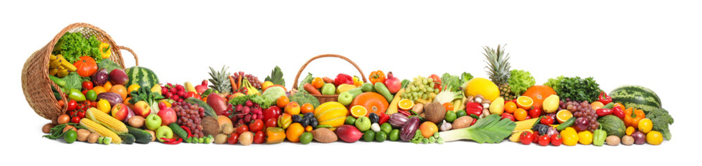 Collection of fresh organic vegetables and fruits on white background. Banner design