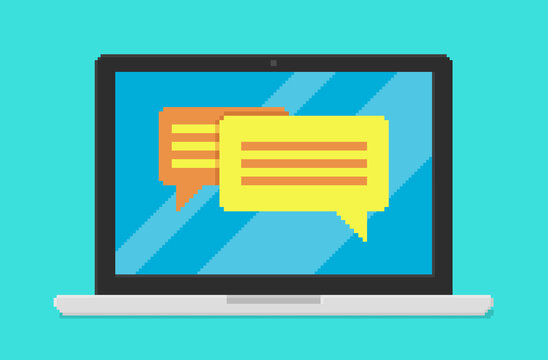 Pixel art vector illustration of laptop with conversation application on screen