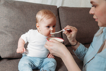 Young mother feeds her son with a spoon of fruit puree.