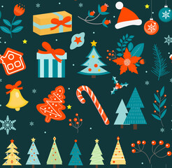 Merry christmas seamless pattern. New Year winter repeating texture, background. Vector illustration